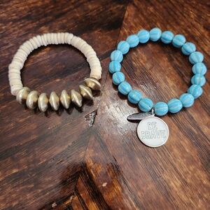 Boho Beaded Bracelet Set “Be Brave” Charm + Neutral Wood Stretch Stack